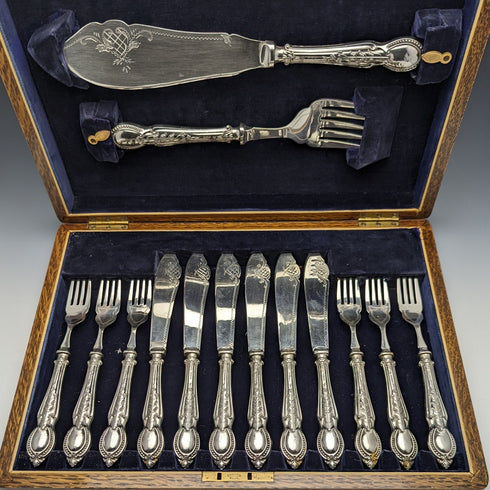 1929年 英国ヴィンテージ 純銀(925シルバー) ハンドル フィッシュカトラリー6x2&サーバセット CH Beatson 木箱入り
